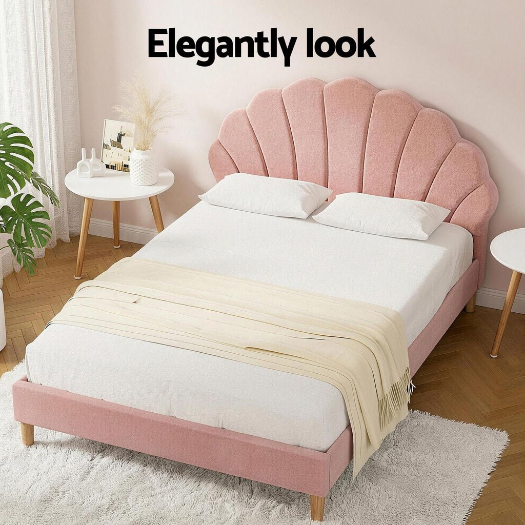 Artiss Double Bed Frame and Round Coffee Table Set Pink Velvet Bedhead with Wooden Side Table