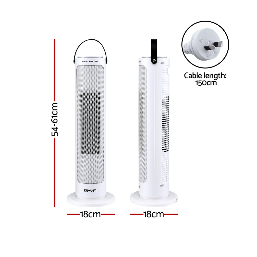 Devanti Ceramic Tower Heater 2000W Electric Oscillating Portable Timer White