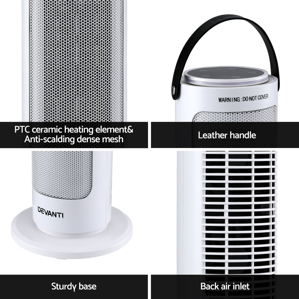 Devanti Ceramic Tower Heater 2000W Electric Oscillating Portable Timer White