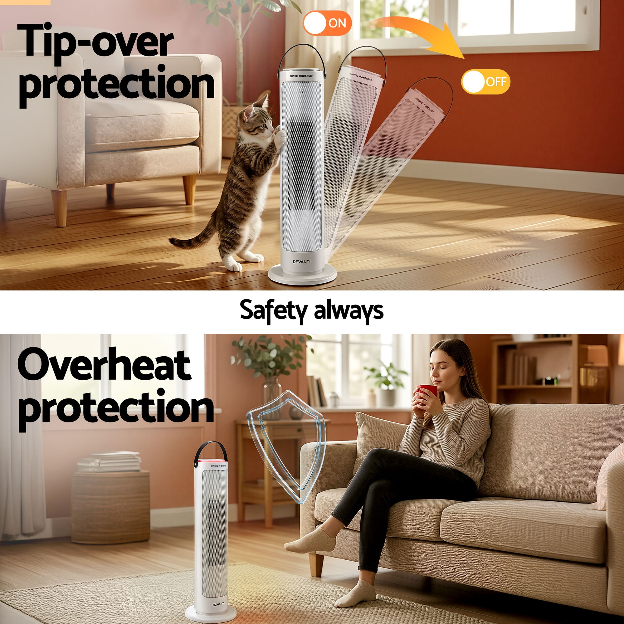 Devanti Ceramic Tower Heater 2000W Electric Oscillating Portable Timer White