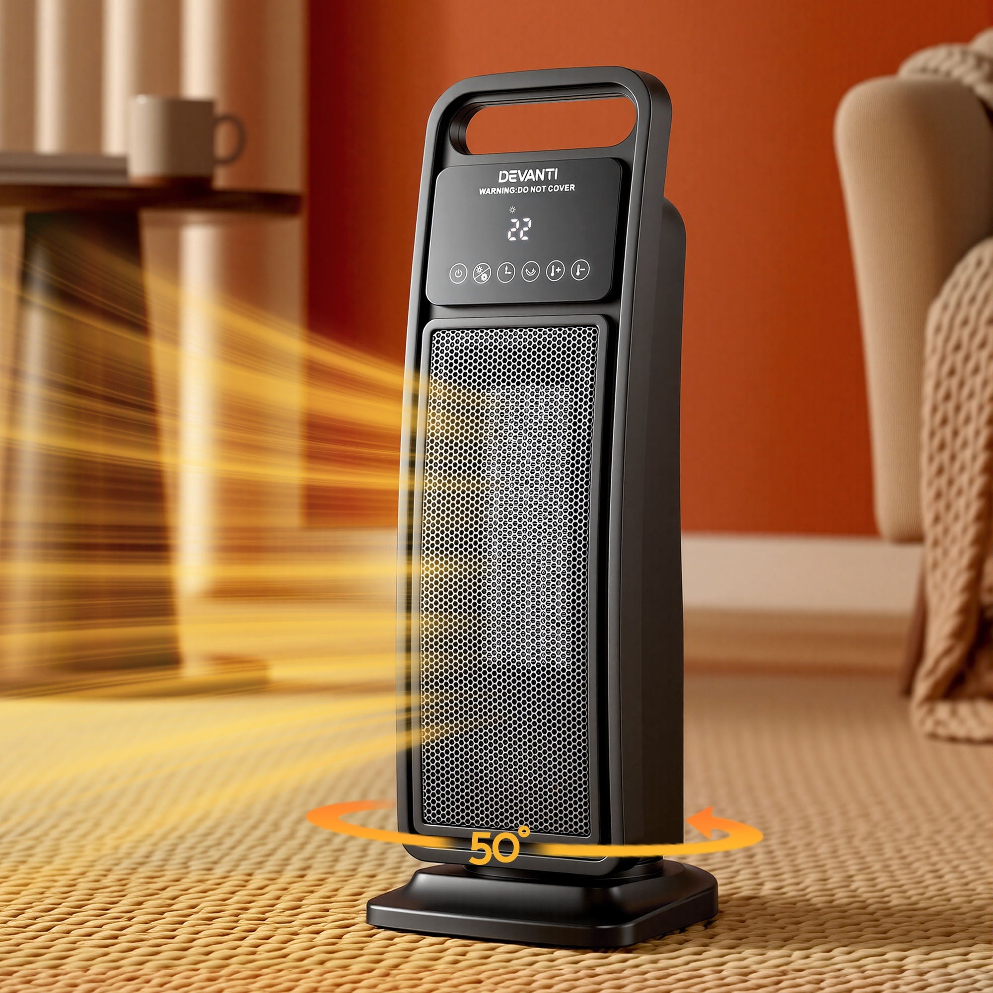Devanti Ceramic Tower Heater 2000W Electric Oscillating Portable Timer Black