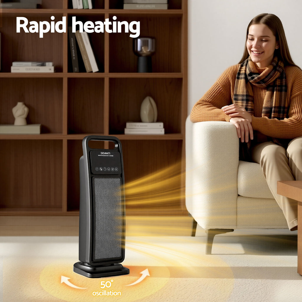 Devanti Ceramic Tower Heater 2000W Electric Oscillating Portable Timer Black