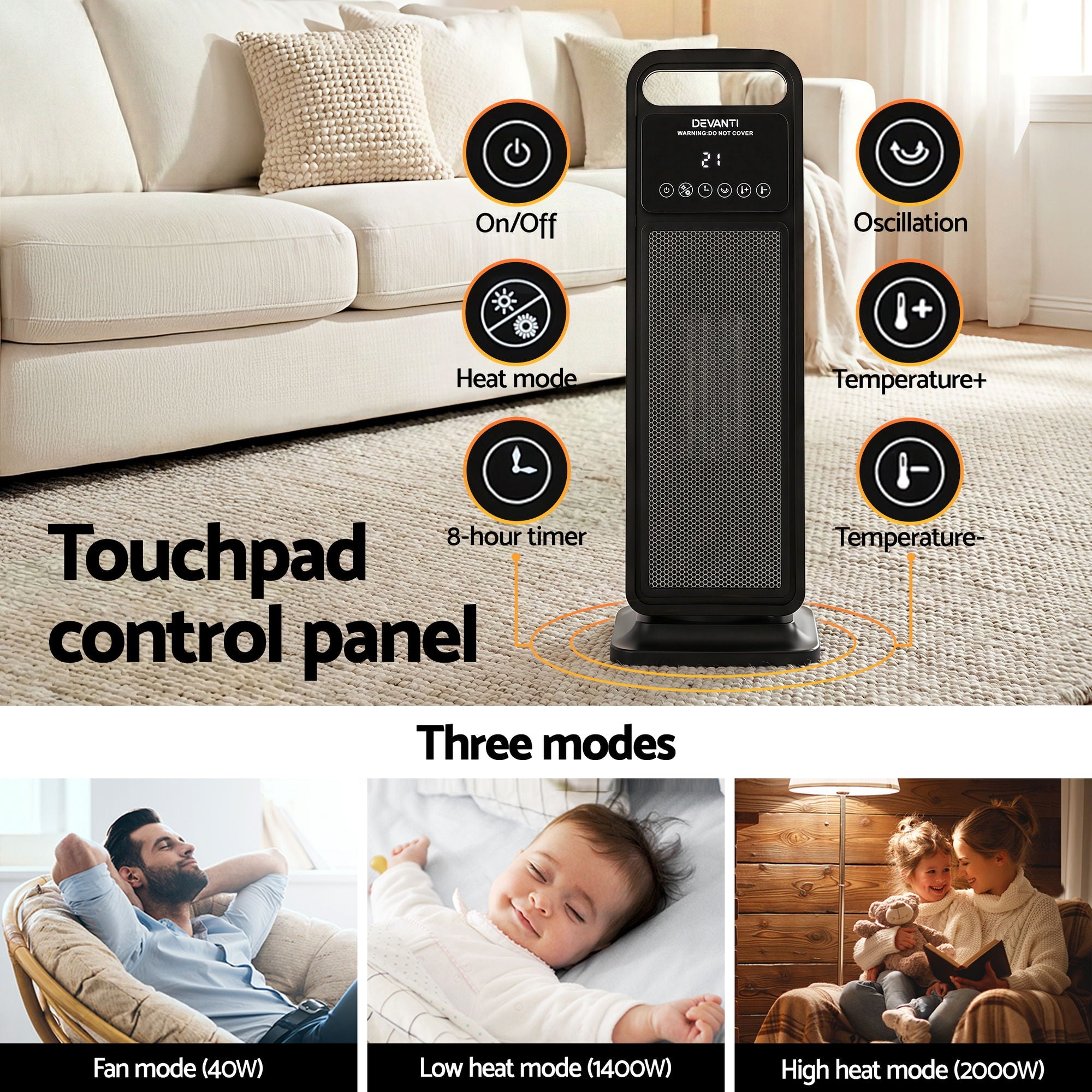 Devanti Ceramic Tower Heater 2000W Electric Oscillating Portable Timer Black