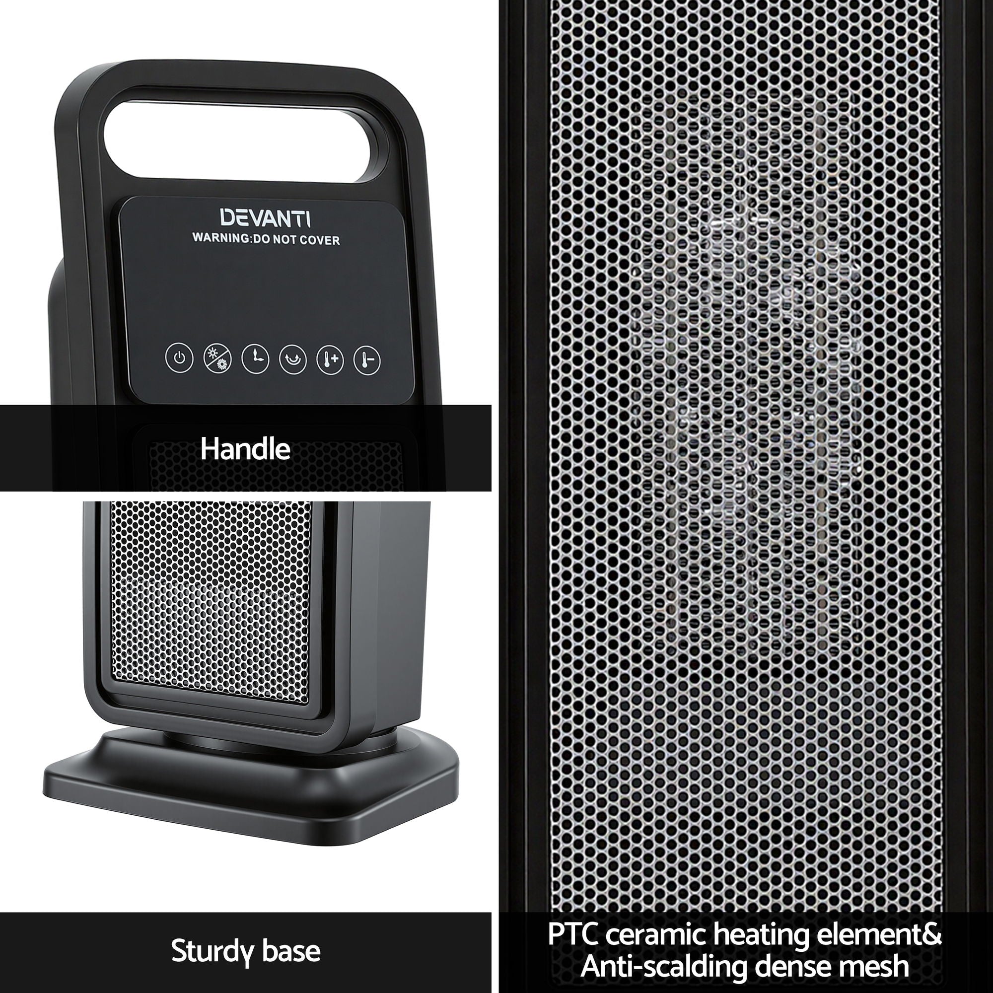Devanti Ceramic Tower Heater 2000W Electric Oscillating Portable Timer Black