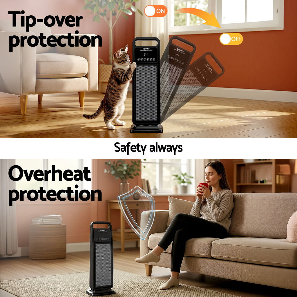 Devanti Ceramic Tower Heater 2000W Electric Oscillating Portable Timer Black