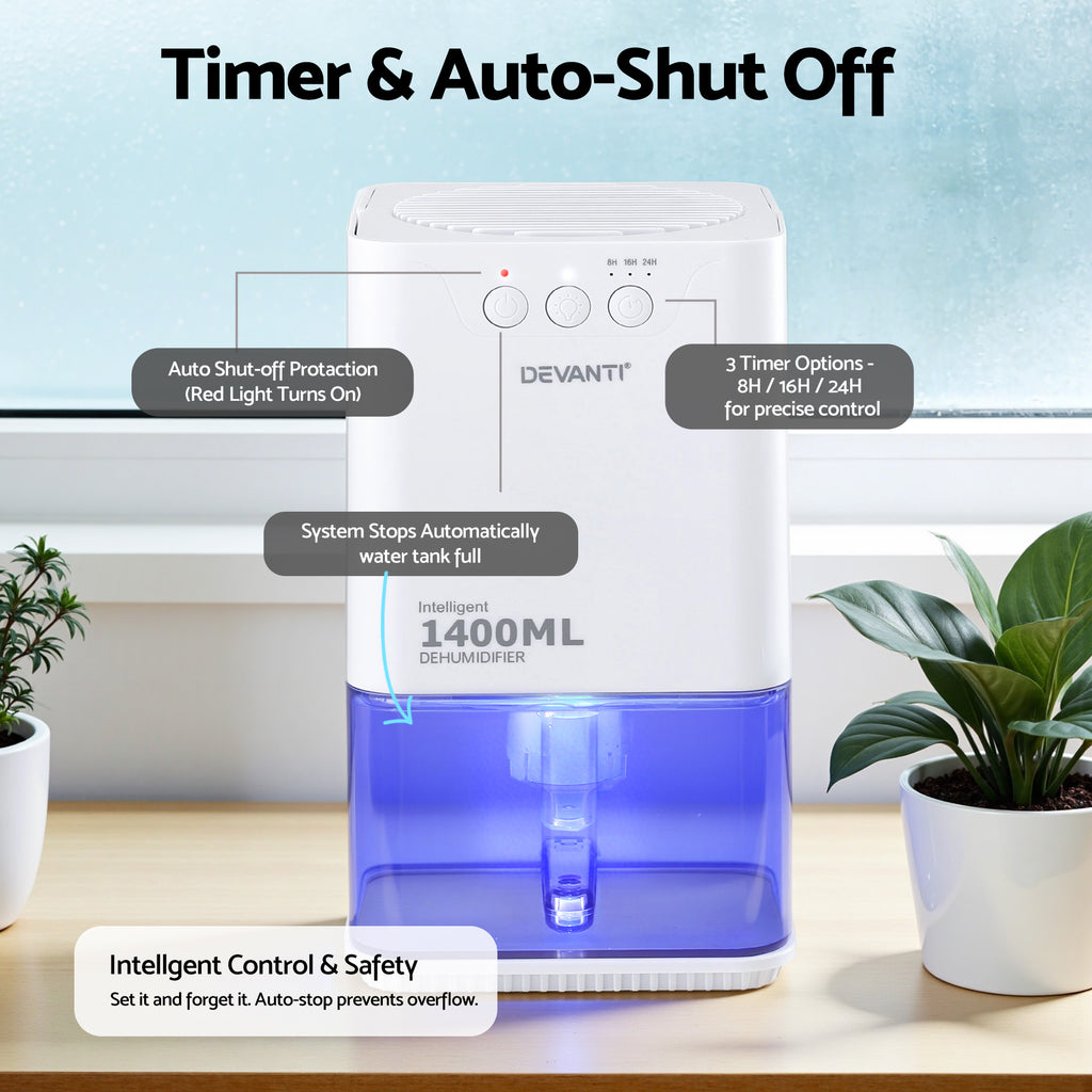 Devanti Dehumidifier 1400ml Portable Quiet Electric Moisture Absorber Bedroom