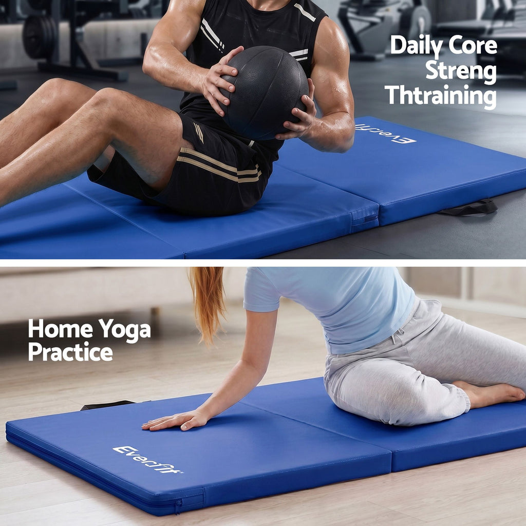 Everfit Gymnastics Mat 180x60cm Folding Exercise Tumbling Mat 3 Fold Blue
