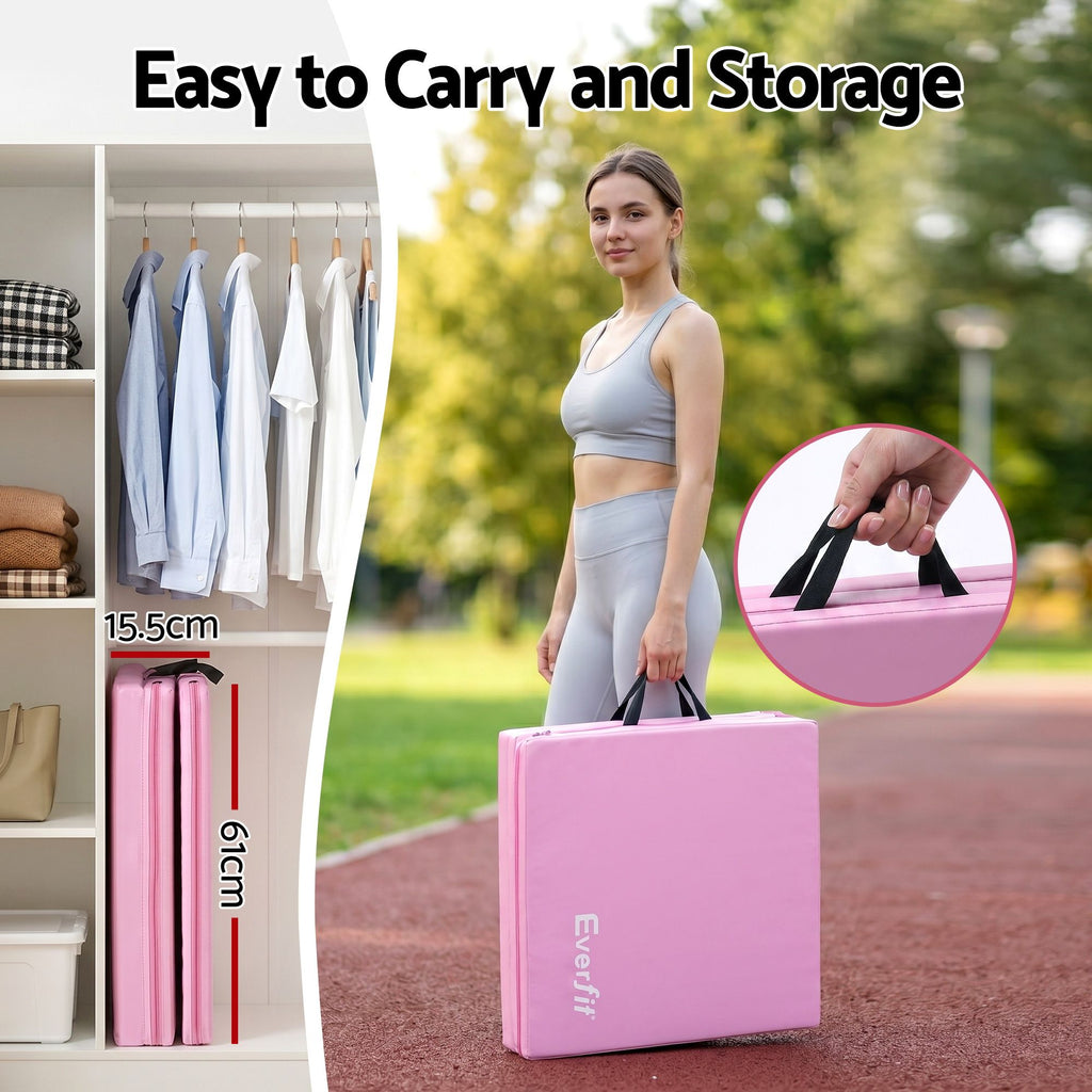 Everfit Gymnastics Mat 180x60cm Folding Exercise Tumbling Mat 3 Fold Pink