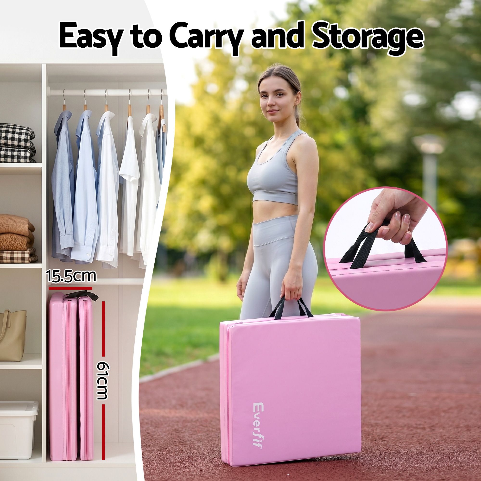 Everfit Gymnastics Mat 180x60cm Folding Exercise Tumbling Mat 3 Fold Pink