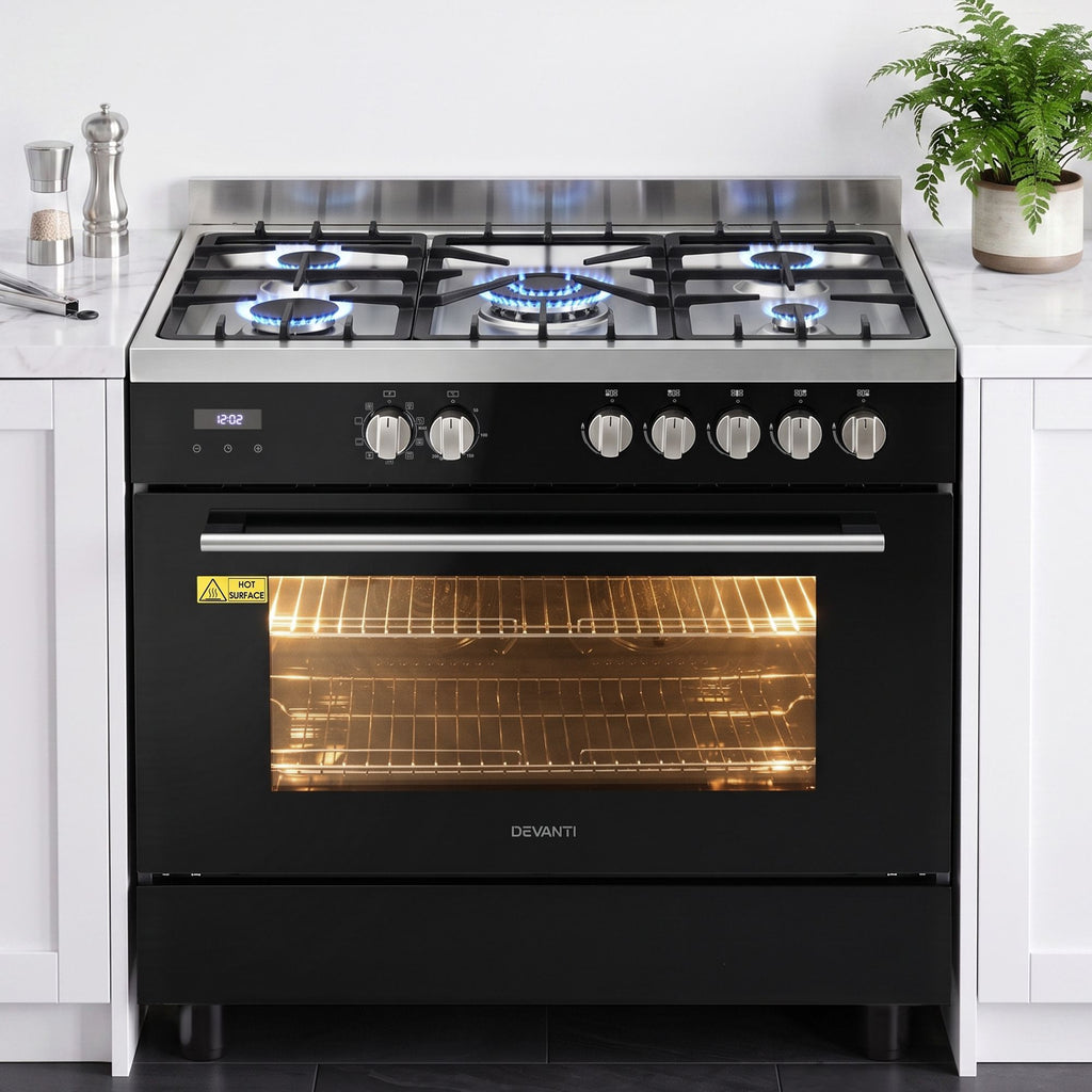 Devanti 90cm Dual Fuel Cooker Gas Cooktop Electric Oven 5 Burner