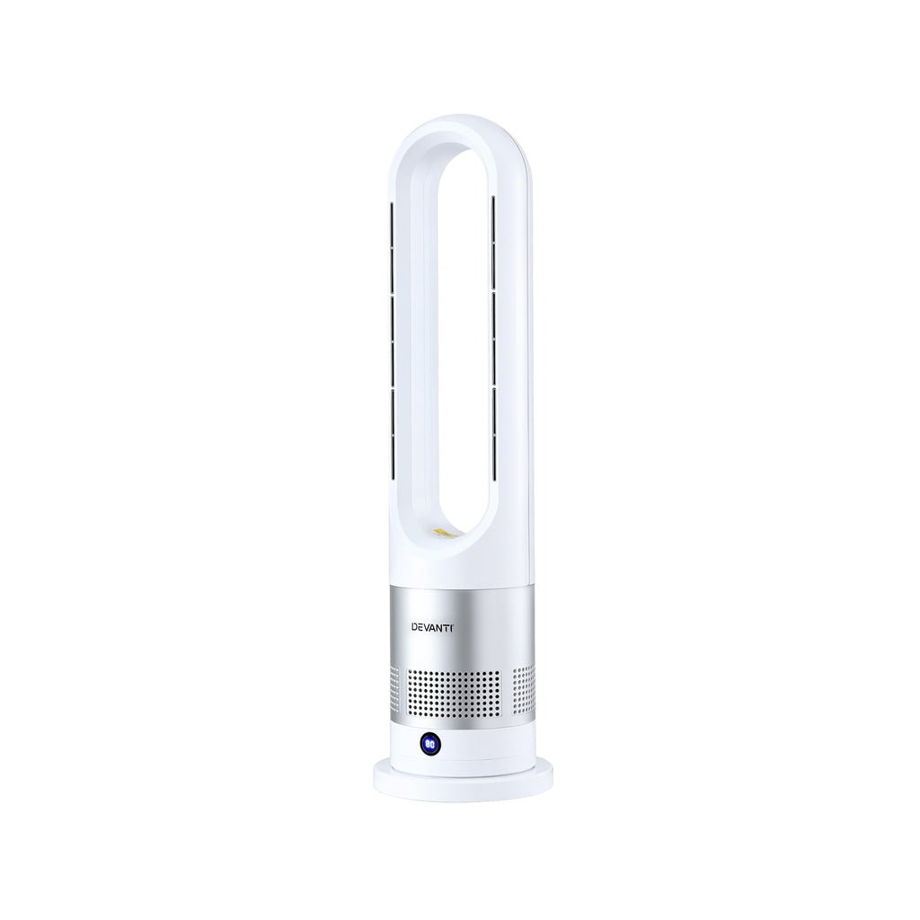 Devanti Bladeless Tower Fan Heater and Cooler 2in1 Portable Oscillation Fan for Bedroom Room Office Use White