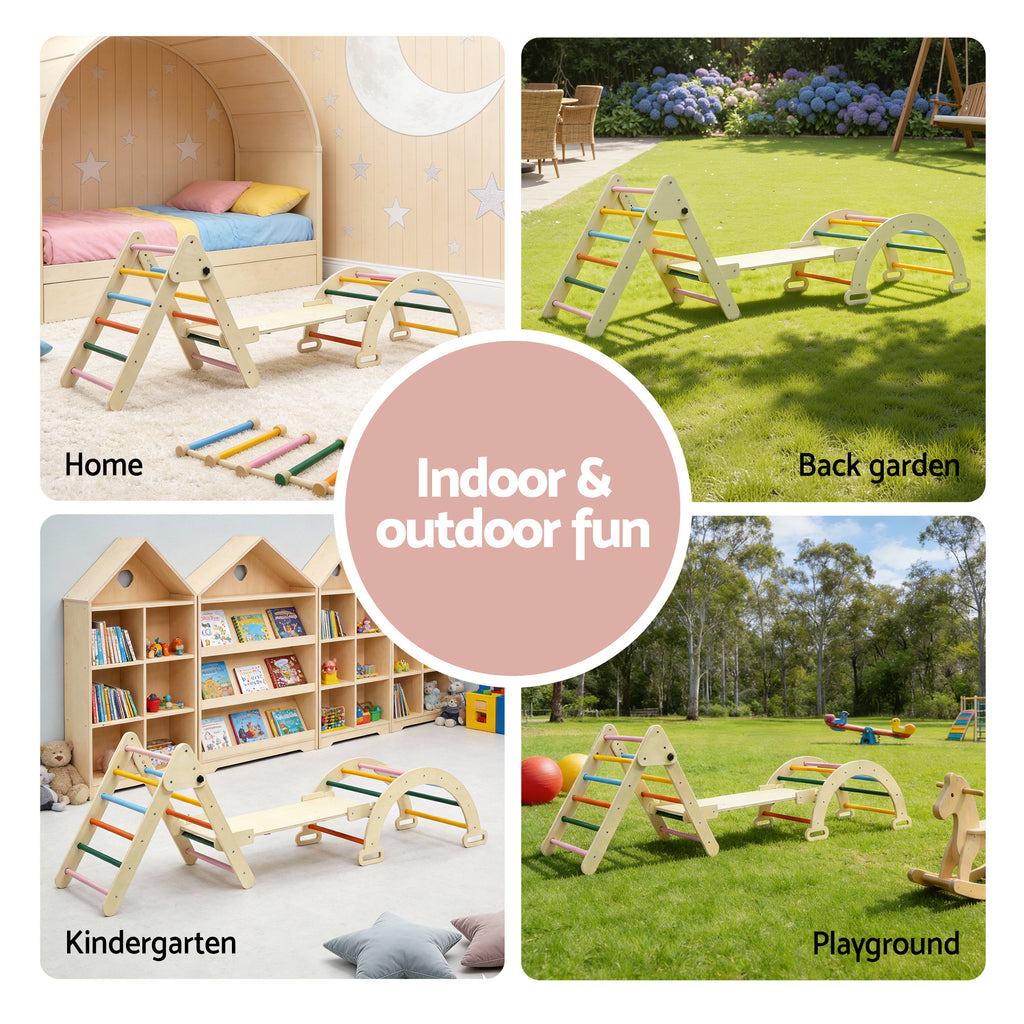Keezi Kids Pikler Triangle Climber Set with Slide Arch Indoor Outdoor Toddler