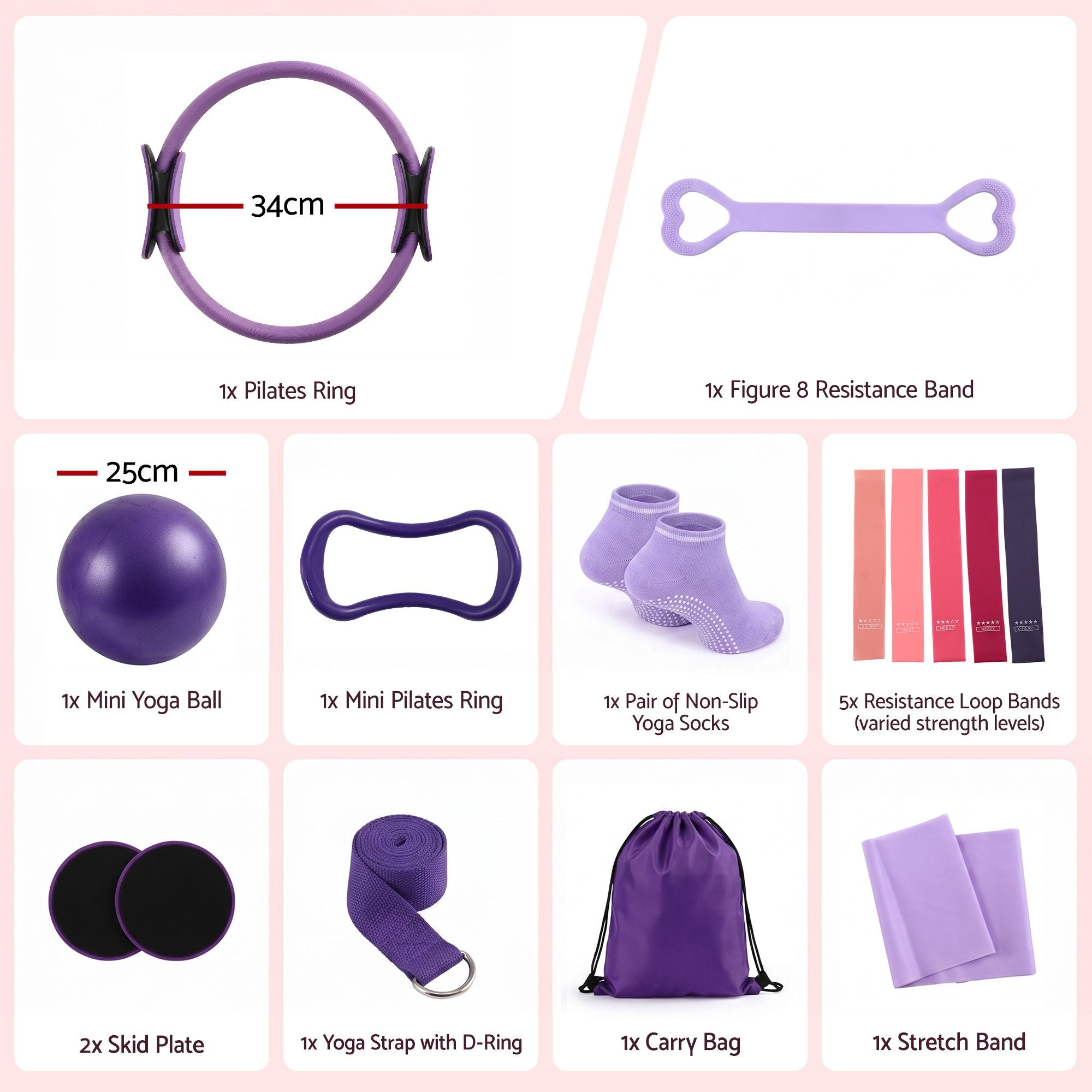 Everfit Pilates Ring Set 15pc Home Workout Kit Ball Yoga Socks Purple