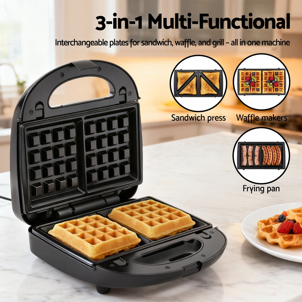 Devanti Sandwich Press 3-in-1 Waffle Maker Panini Grill 850W Non-Stick Plates