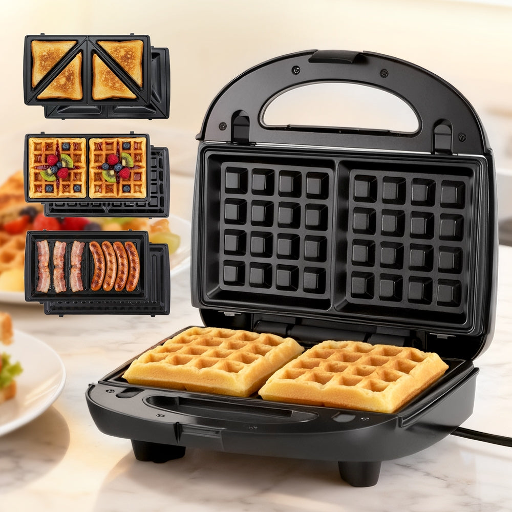 Devanti Sandwich Press 3-in-1 Waffle Maker Panini Grill 850W Non-Stick Plates