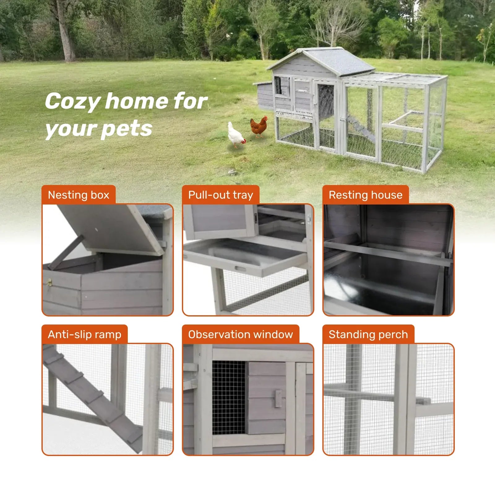 Large Wooden Chicken Coop Hen House with Nesting Box Run Waterproof Roof