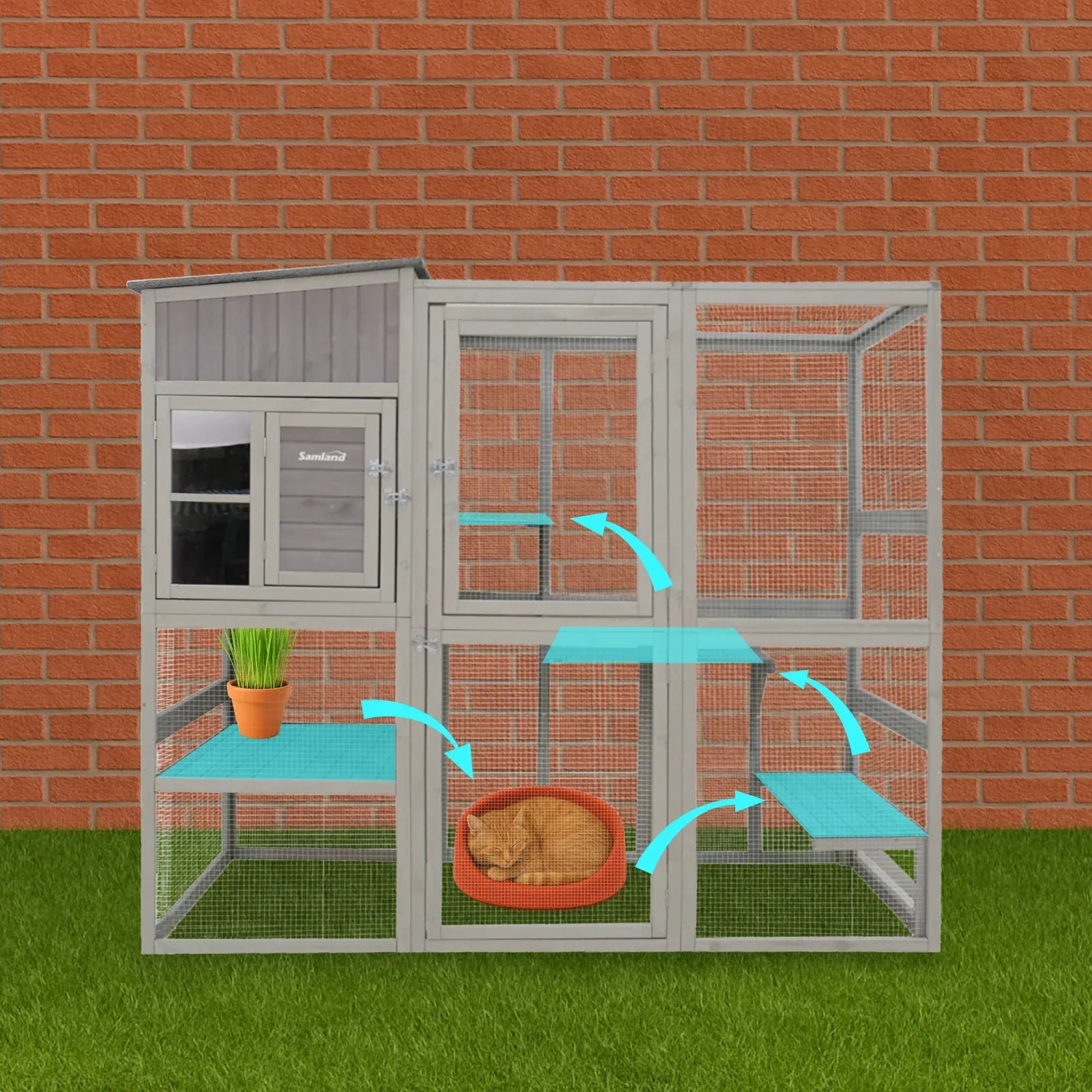 Large Wooden Cat Enclosure Outdoor Catio Sleeping House Climbing Platforms