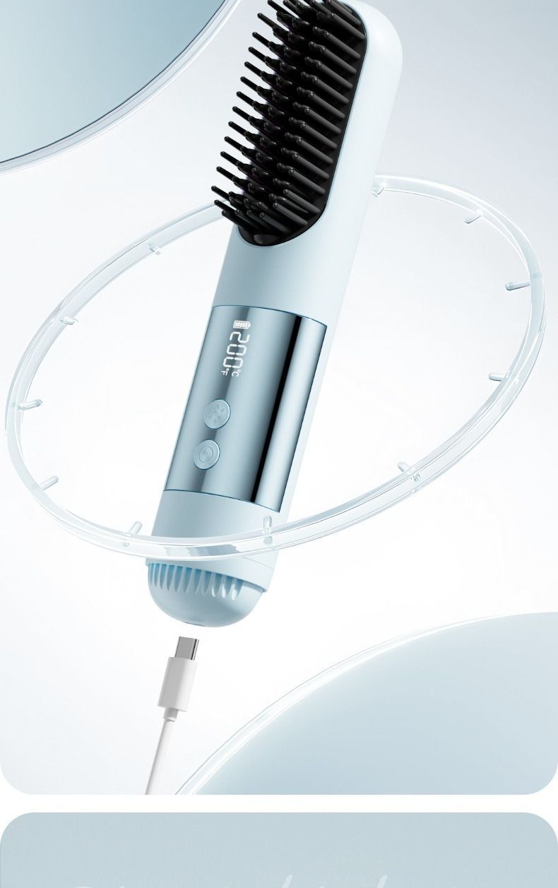 wireless hair comb, cold air hair comb, straightening comb, curling comb, hair styling tool, portable hair comb, Australia hair tool, rechargeable hair comb, travel hair straightener, versatile hair styler - Beige - Size E