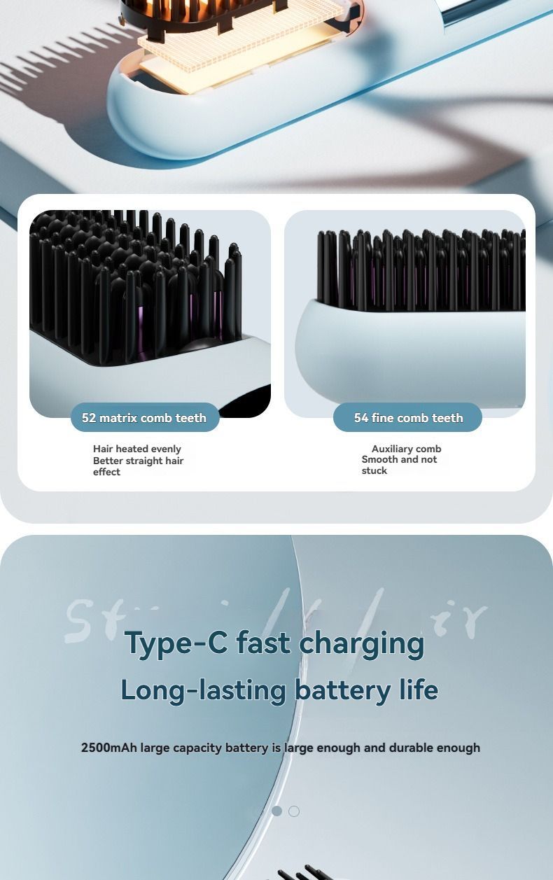 wireless hair comb, cold air hair comb, straightening comb, curling comb, hair styling tool, portable hair comb, Australia hair tool, rechargeable hair comb, travel hair straightener, versatile hair styler - Blue - Size E