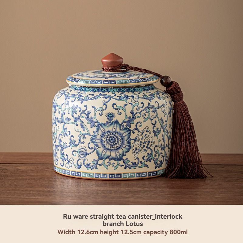 Ru Kiln tea jar, blue-and-white ceramic canister, airtight tea storage, floral tea container, Australian tea accessory - Cyan - Size 1