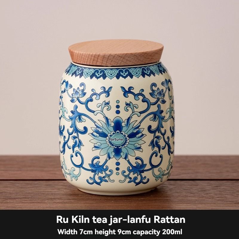 Ru Kiln tea jar, blue-and-white ceramic canister, airtight tea storage, floral tea container, Australian tea accessory - Cyan - Size 10