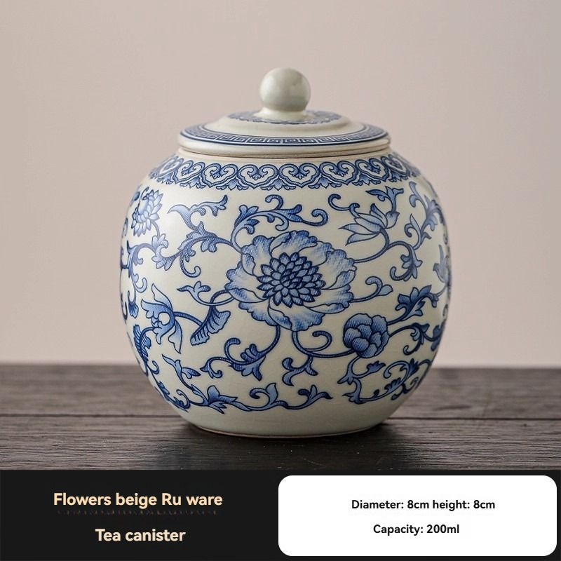 Ru Kiln tea jar, blue-and-white ceramic canister, airtight tea storage, floral tea container, Australian tea accessory - Cyan - Size 10