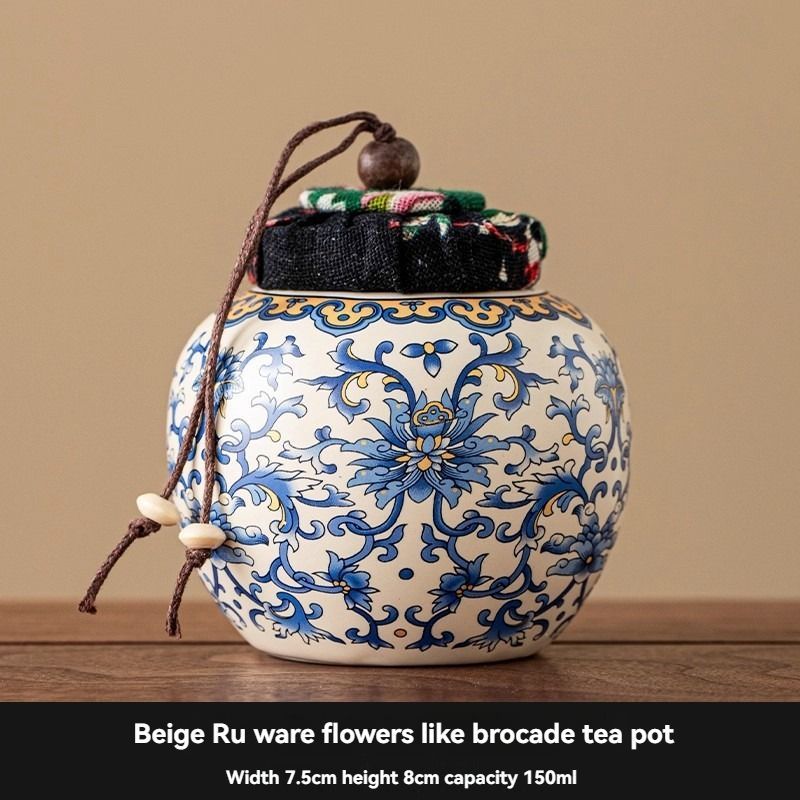 Ru Kiln tea jar, blue-and-white ceramic canister, airtight tea storage, floral tea container, Australian tea accessory - Cyan - Size 10