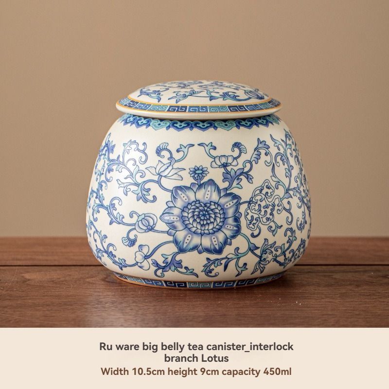Ru Kiln tea jar, blue-and-white ceramic canister, airtight tea storage, floral tea container, Australian tea accessory - Cyan - Size 10