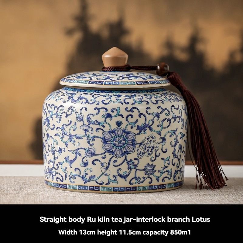Ru Kiln tea jar, blue-and-white ceramic canister, airtight tea storage, floral tea container, Australian tea accessory - Cyan - Size 10