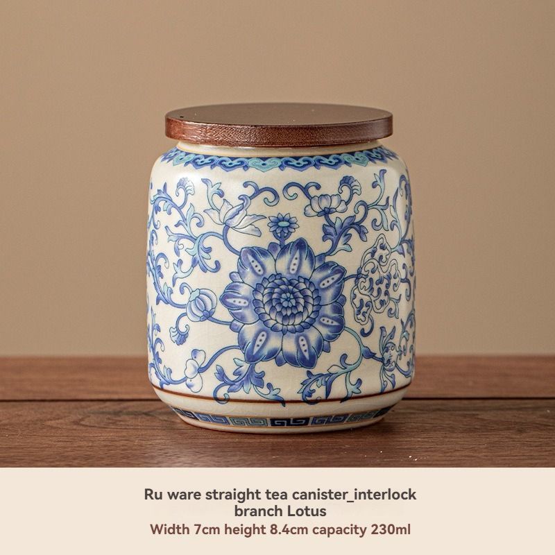 Ru Kiln tea jar, blue-and-white ceramic canister, airtight tea storage, floral tea container, Australian tea accessory - Cyan - Size 11