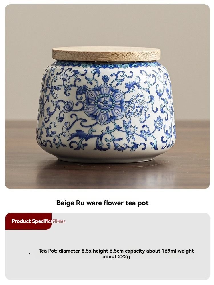 Ru Kiln tea jar, blue-and-white ceramic canister, airtight tea storage, floral tea container, Australian tea accessory - Cyan - Size 3