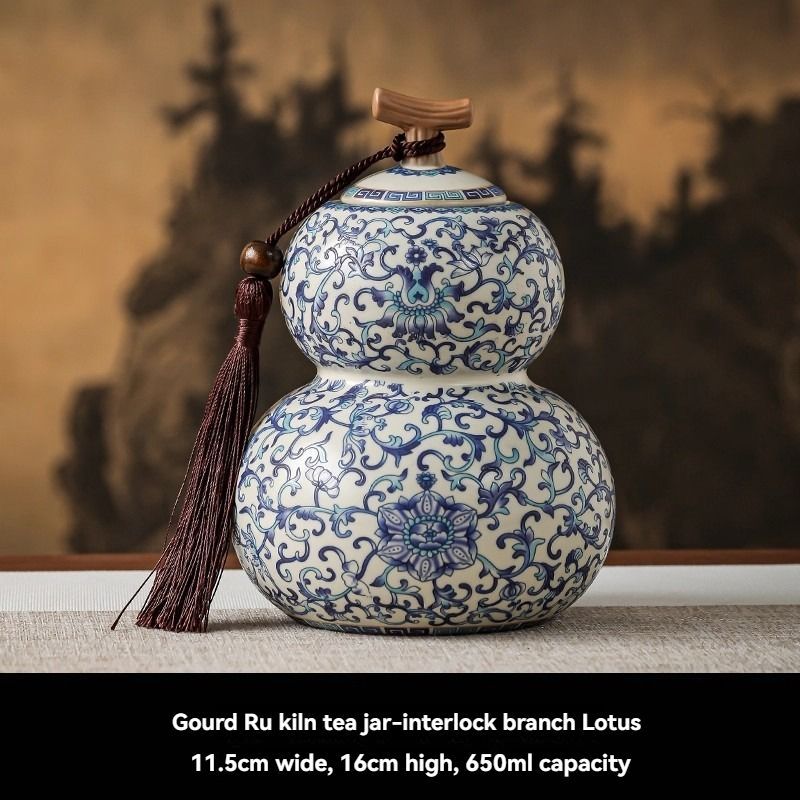Ru Kiln tea jar, blue-and-white ceramic canister, airtight tea storage, floral tea container, Australian tea accessory - Cyan - Size 4