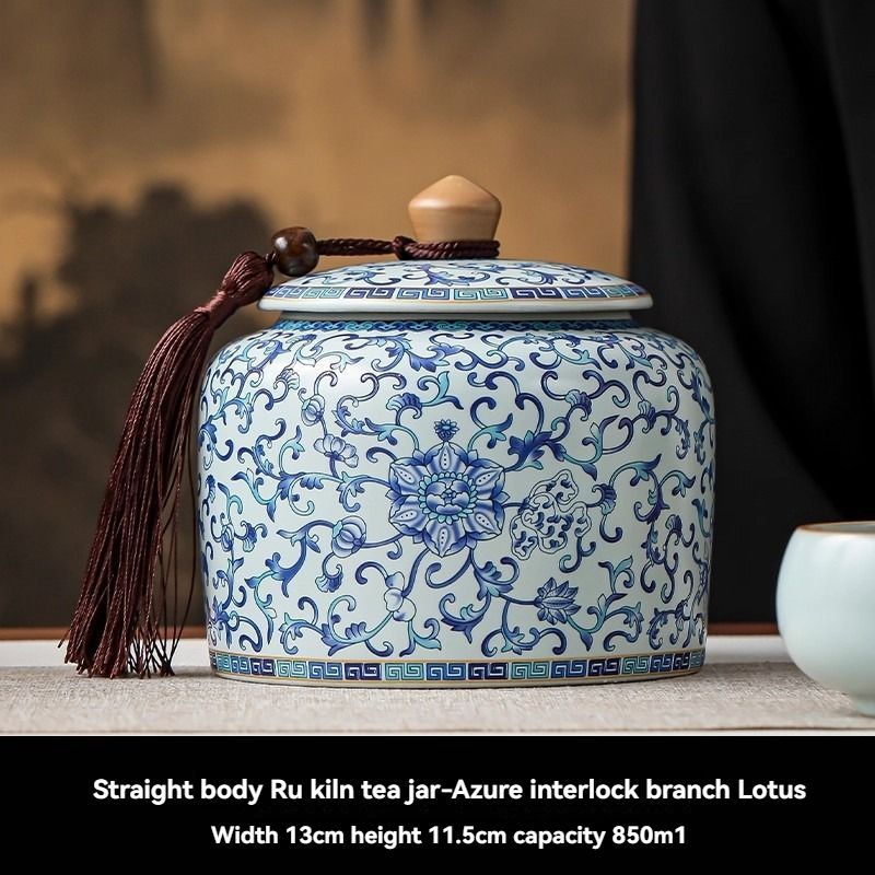 Ru Kiln tea jar, blue-and-white ceramic canister, airtight tea storage, floral tea container, Australian tea accessory - Cyan - Size 8