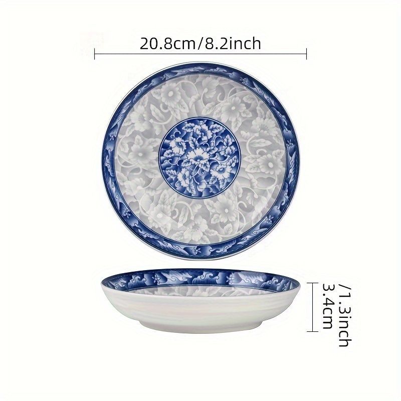 blue-and-white porcelain plate, 8.2-inch ceramic plate, floral design plate, microwave safe plate, Chinese style plate, festive dining plate, traditional Chinese porcelain, round ceramic plate, gift idea, elegant tableware - Cyan - Size 4pcs
