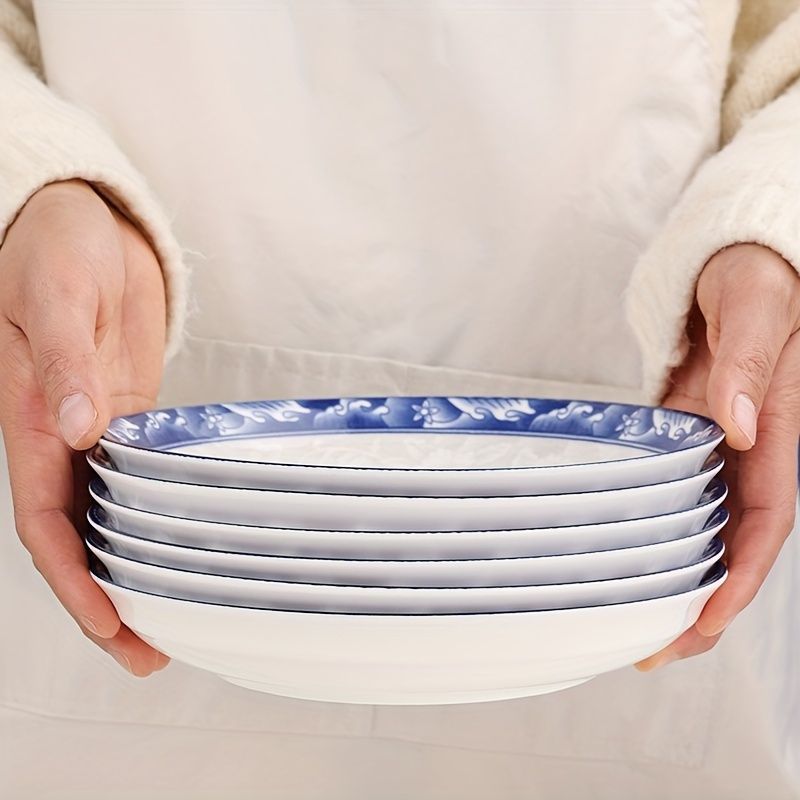 blue-and-white porcelain plate, 8.2-inch ceramic plate, floral design plate, microwave safe plate, Chinese style plate, festive dining plate, traditional Chinese porcelain, round ceramic plate, gift idea, elegant tableware - Cyan - Size 4pcs