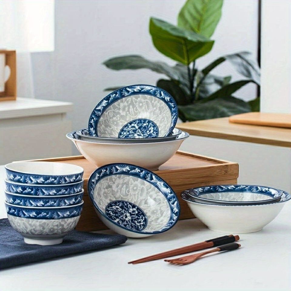 blue and white porcelain bowl, soup bowl, noodle bowl, ceramic bowl, large bowl, tableware, Australian home, dinnerware set, traditional design, durable ceramic - Cyan - Size 2pcs