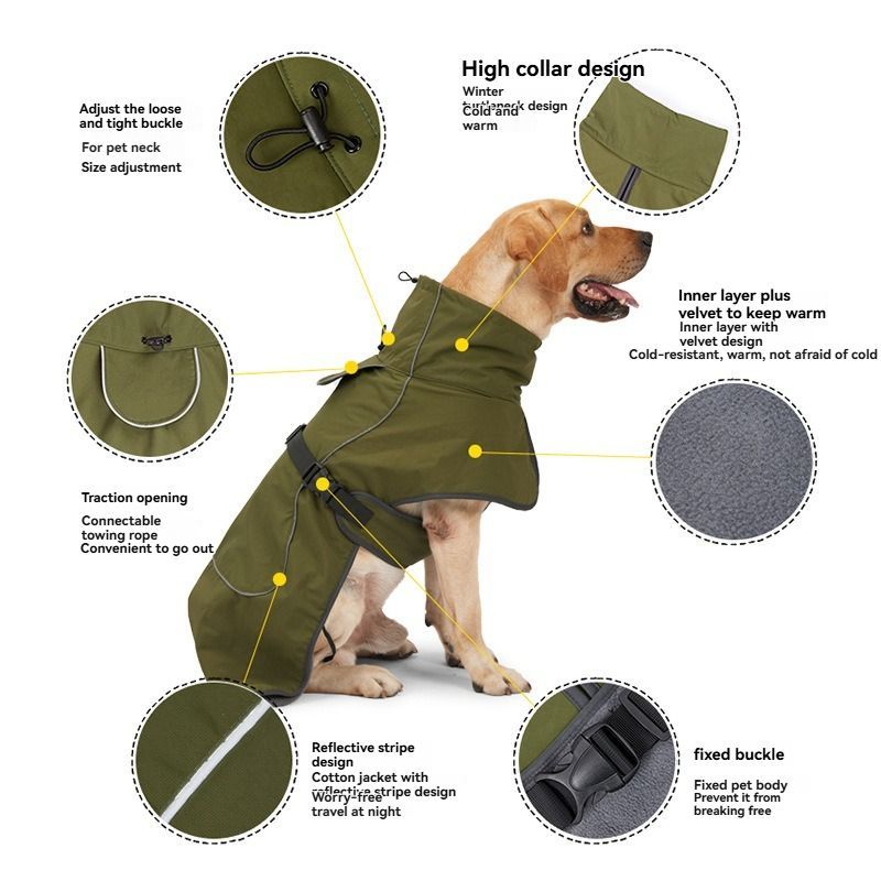 Dog Coat Warm-Lined Waterproof Medium-Large Dog Reflective Dog Coat Winter Dog - Dark Green - Size L-20-26kg