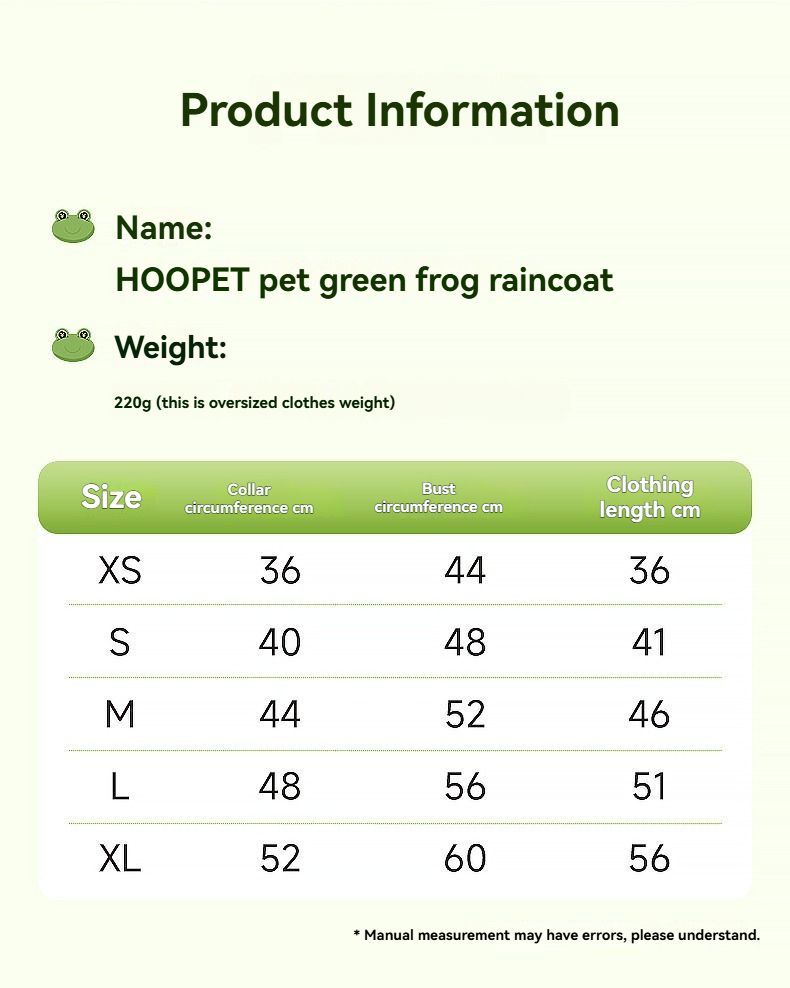 Dog Raincoat Shiba Inu Raincoat Corgi Raincoat Frog-Themed Dog Clothing - Green - Size L-15-17kg