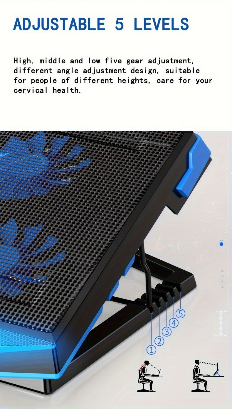 Laptop Cooling Pad Five-Core Cooling Foldable Stand Adjustable Stand Laptop - Blue - Size Universal