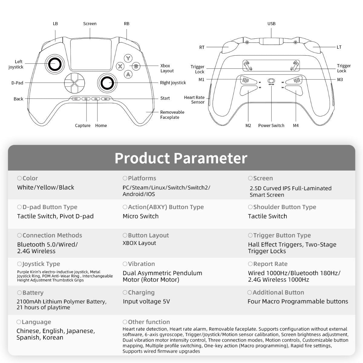 Smart Game Controller 2.5D HD Screen Purple Kirin Joystick Heart Rate - White - Size 1PCS