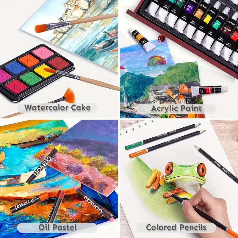 Pink 175-Piece Deluxe Art Set with 2 Drawing Boards, Wax Crayons, Acrylic Paints, Colored Pencils, Wooden Storage Case – Professional Painting Kit, Art Supplies, Ideal Gift for Christmas, Halloween, and Back-to-School Season