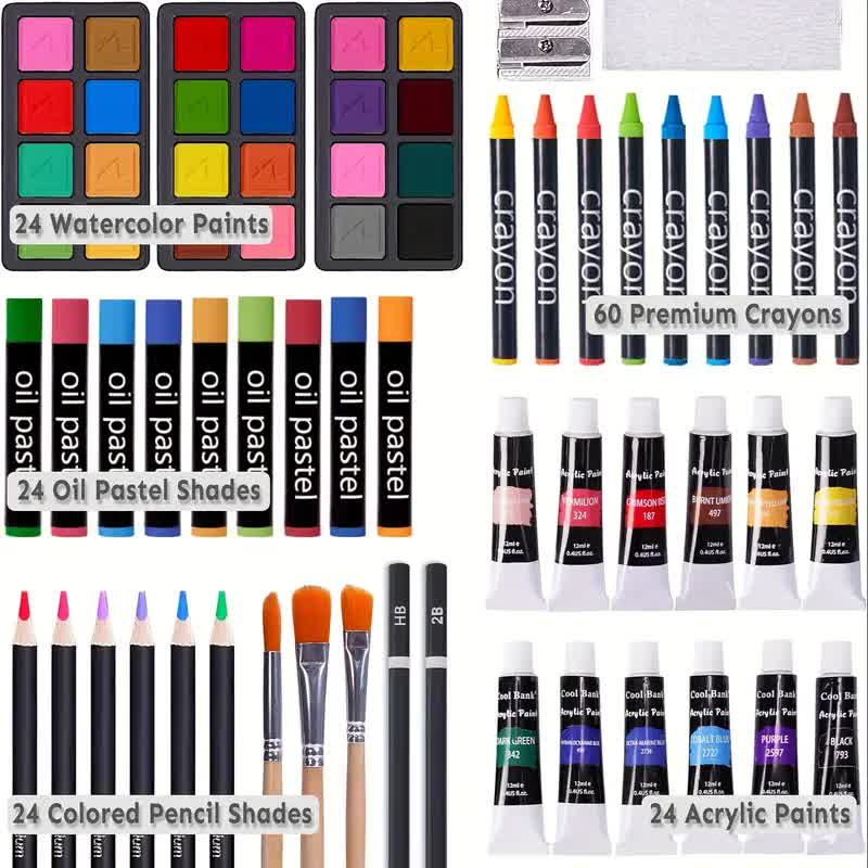 Purple 175-Piece Deluxe Art Set with 2 Drawing Boards, Wax Crayons, Acrylic Paints, Colored Pencils, Wooden Storage Case – Professional Painting Kit, Art Supplies, Ideal Gift for Christmas, Halloween, and Back-to-School Season