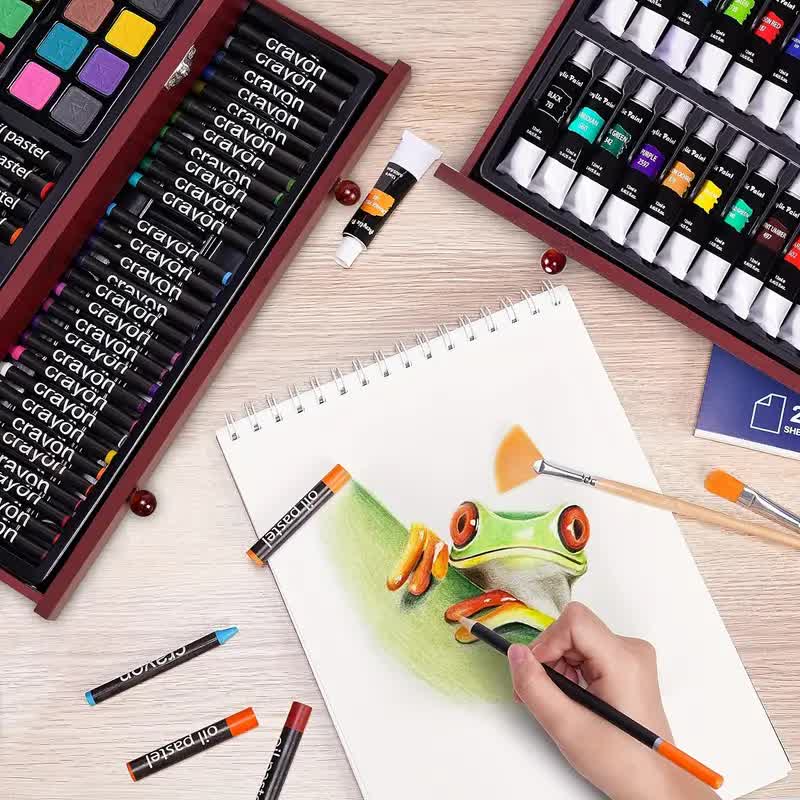 Purple 175-Piece Deluxe Art Set with 2 Drawing Boards, Wax Crayons, Acrylic Paints, Colored Pencils, Wooden Storage Case – Professional Painting Kit, Art Supplies, Ideal Gift for Christmas, Halloween, and Back-to-School Season