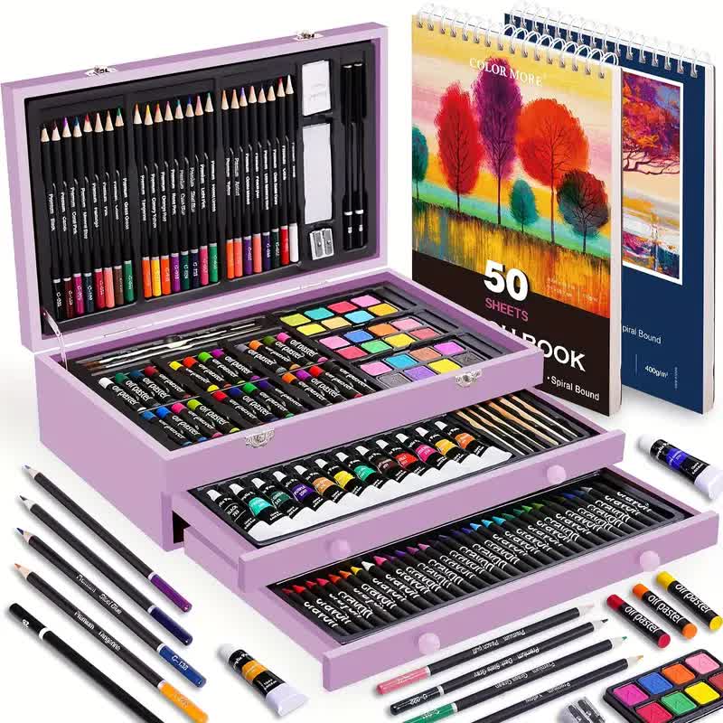 Wood color 175-Piece Deluxe Art Set with 2 Drawing Boards, Wax Crayons, Acrylic Paints, Colored Pencils, Wooden Storage Case – Professional Painting Kit, Art Supplies, Ideal Gift for Christmas, Halloween, and Back-to-School Season