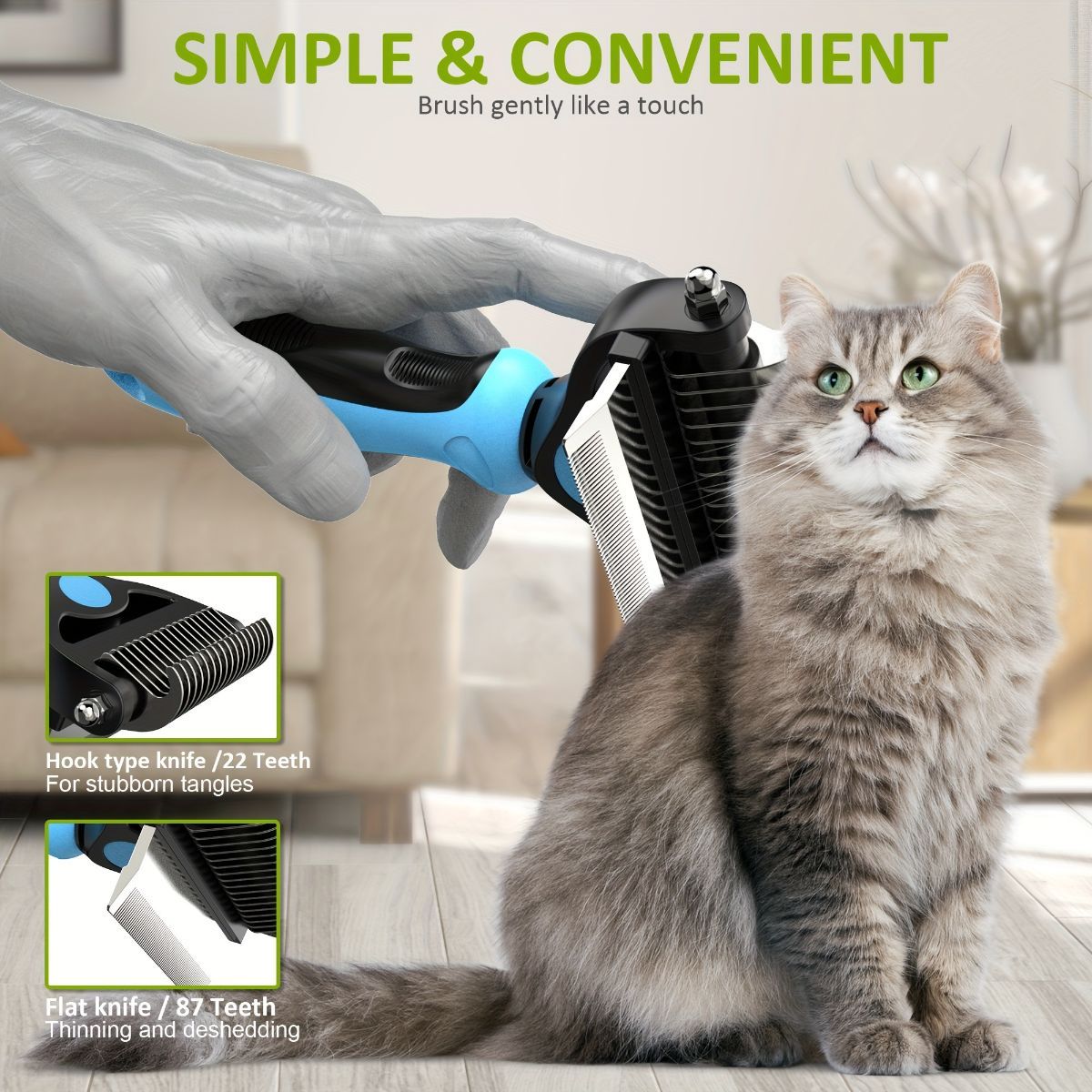 Pet Hair Remover Brush Double-Sided Pet Brush Pet Grooming Tool Dog Brush Cat - Blue - Size Large -91 teeth