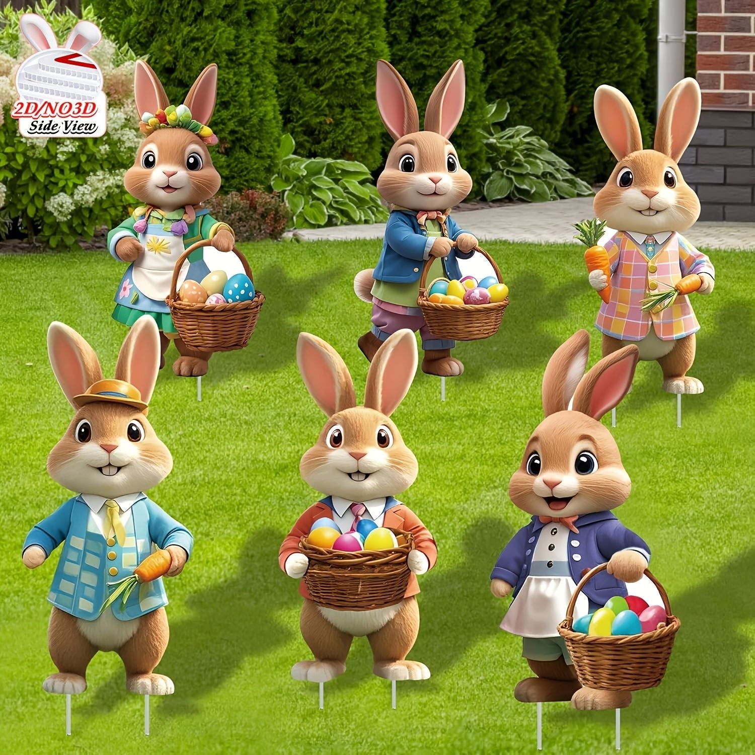 2DFlat, 8pcs Easter Gentleman Rabbit Group Decoration, exquisite shape holding egg basket / carrot rabbit, fashionable dress design outdoor waterproof easy to install props, spring courtyard atmosphere Gentleman Rabbit Group Plaque Decoration