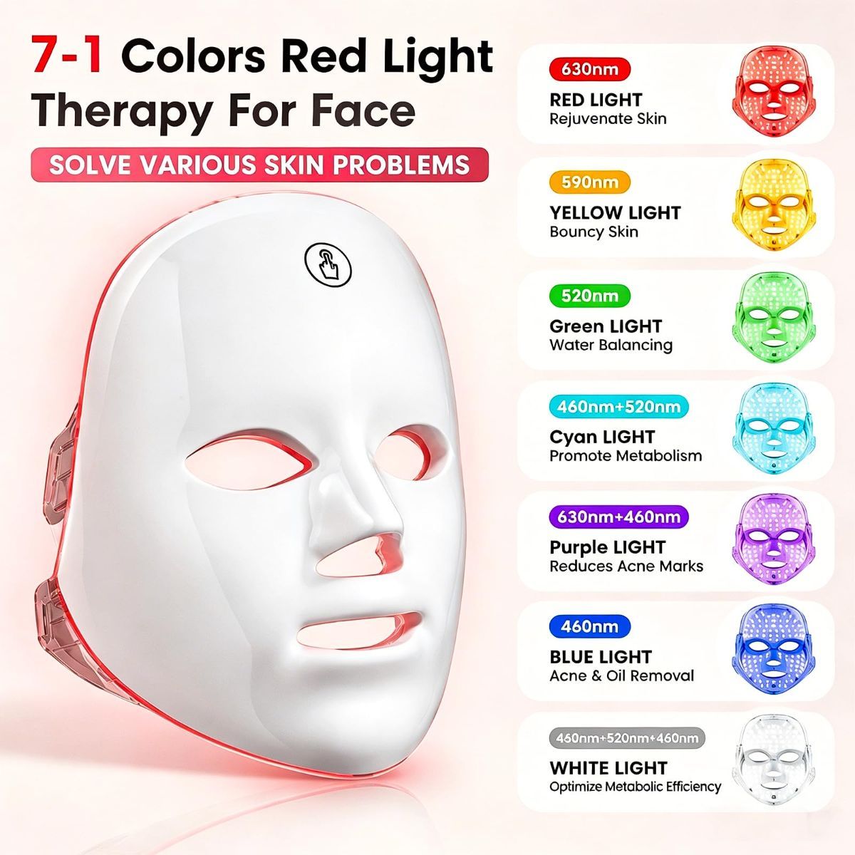 Red Light Mask for Face, 7 Color Red Light Facial Masks, At-Home Facial Care Device, Portable, Cordless, and Rechargeable - White - Size 230mm