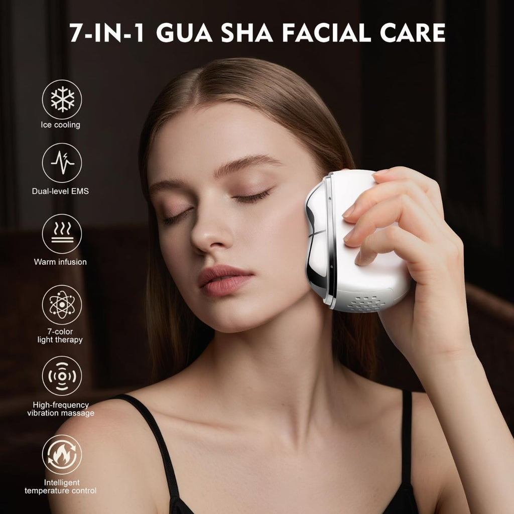 7-in-1 Red Light Facial Massager, Electric Gua Sha 7 Color LED Light Therapy for Face, Hot & Cold Facial Scraping Tool with Vibration, Pulse, Heated Lifting, Ice Roller