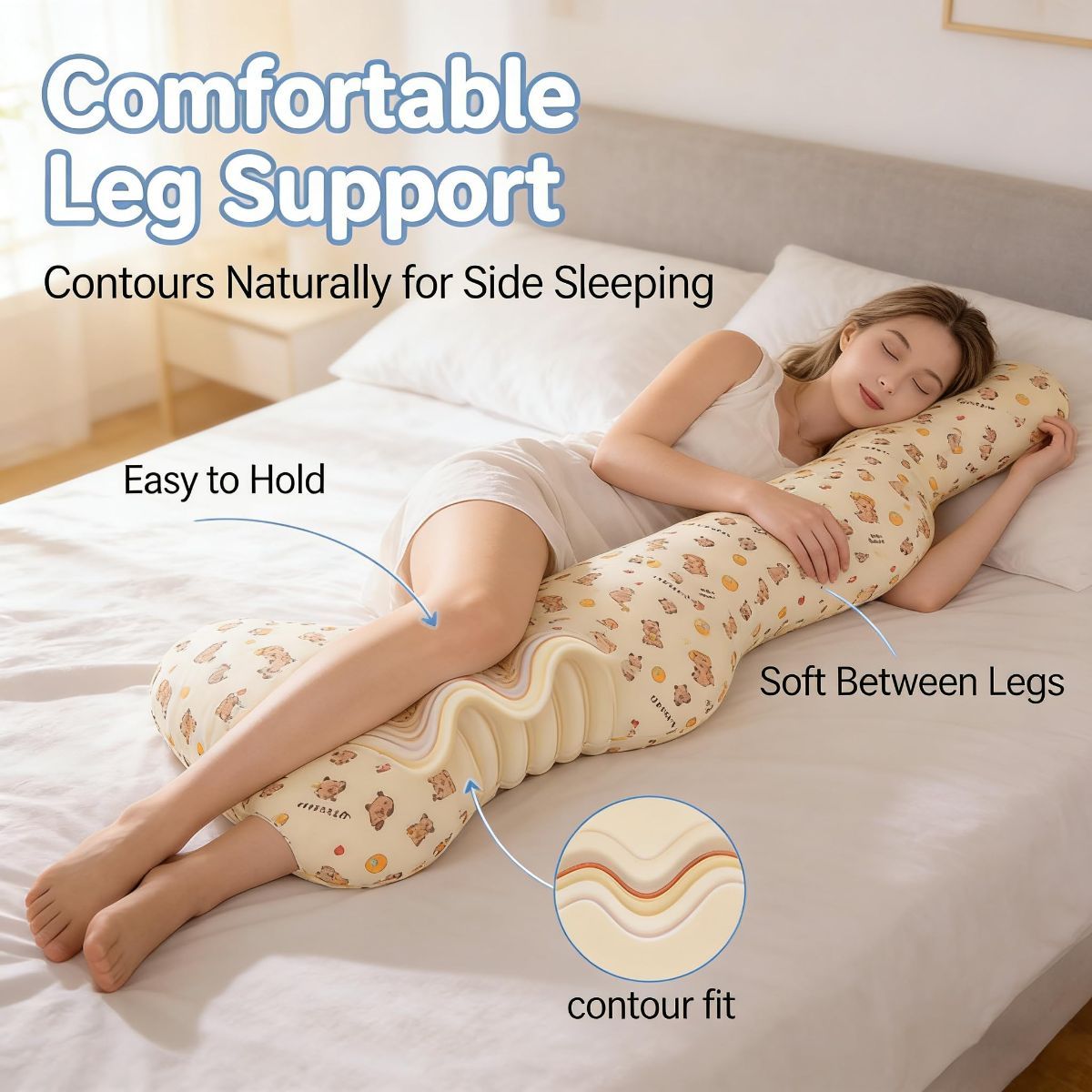 Long Rectangular Leg Pillow for Side Sleeping, Breathable Summer Cushion with Removable Washable Cover, Slim Lightweight Support Pillow for Bed Sofa Couch Travel Use - Blue - Size 100cm