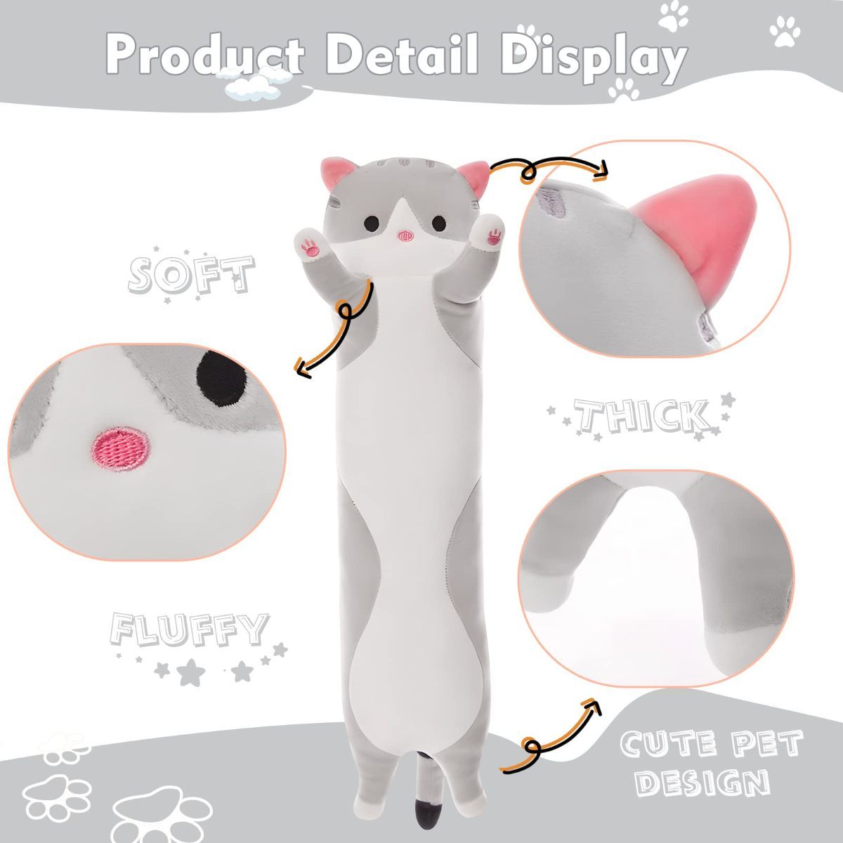 Long Cat Plush Pillow Cat Plush Toy PP Fabric Pillow Soft Cat Pillow Cat-Themed - Gray - Size 43.3in